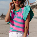  Adrianna Stripe Ruffled Sleeve Crew Neck Blouse