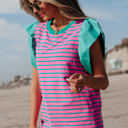  Adrianna Stripe Ruffled Sleeve Crew Neck Blouse