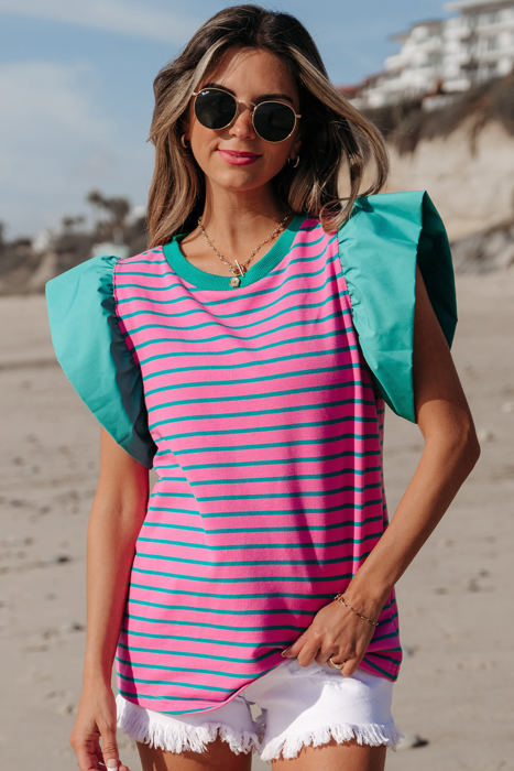 Adrianna Stripe Ruffled Sleeve Crew Neck Blouse