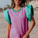  Adrianna Stripe Ruffled Sleeve Crew Neck Blouse