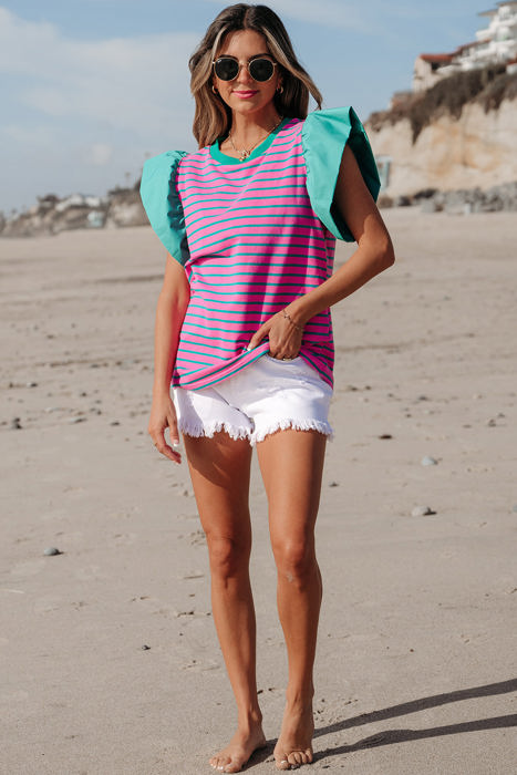 Adrianna Stripe Ruffled Sleeve Crew Neck Blouse