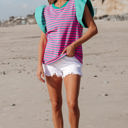  Adrianna Stripe Ruffled Sleeve Crew Neck Blouse