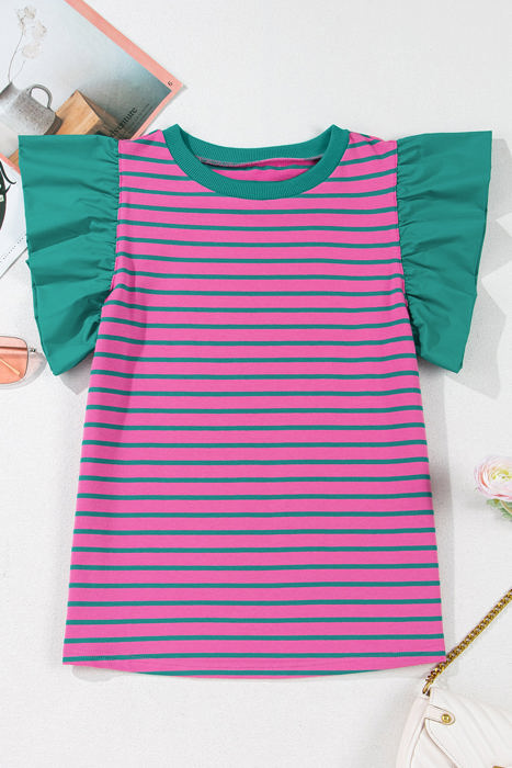 Adrianna Stripe Ruffled Sleeve Crew Neck Blouse
