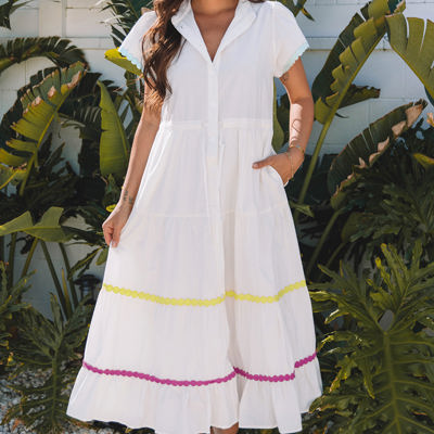 Aleah Rickrack Trim Short Sleeve Long Dress