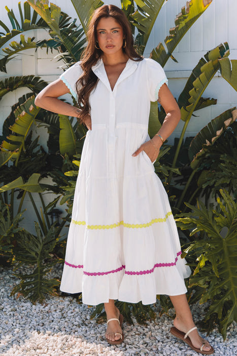 Aleah Rickrack Trim Short Sleeve Long Dress
