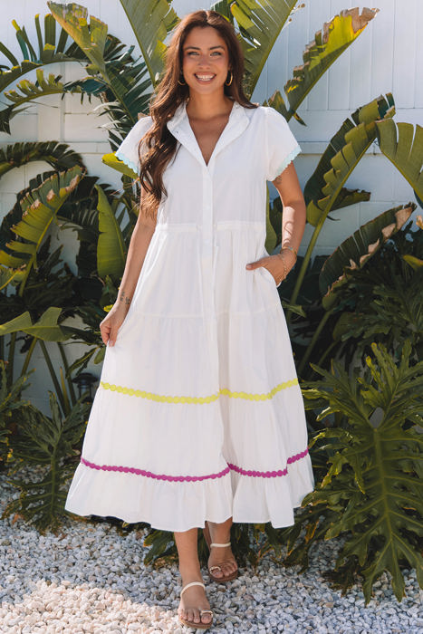 Aleah Rickrack Trim Short Sleeve Long Dress