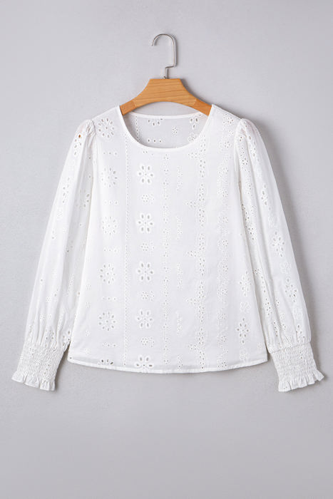 Allison Eyelet Embroidered Smocked Cuff Sheer Blouse