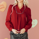 Fiery Red Large Alma Contrasted Trim Textured Blouse