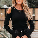 Black XL Amaya Ribbed Knit Cold Shoulder Sweater