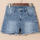 Dusk Blue Size 16 Amelie Pearl Beaded Raw Hem Medium Wash Denim Shorts