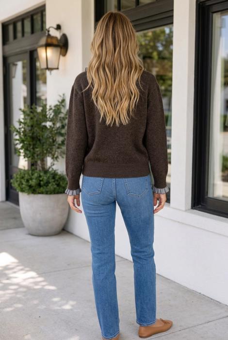 Ami Ruffle Trim Patchwork Sweater