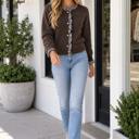  Ami Ruffle Trim Patchwork Sweater