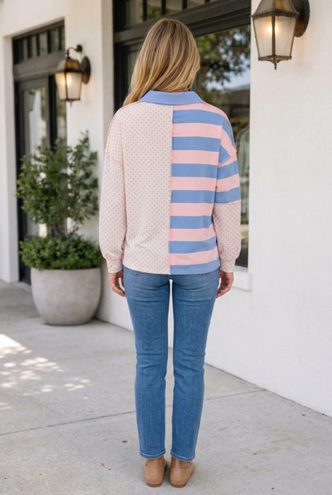 Angela Patchwork Polo Collar Long Sleeve Top