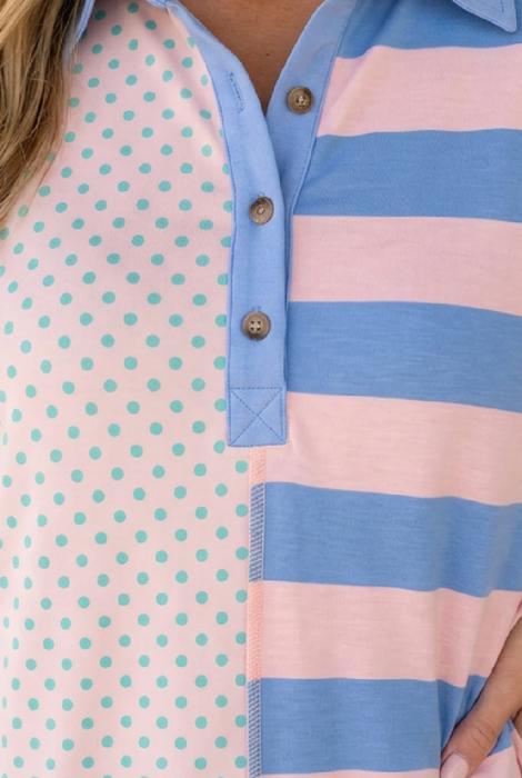 Angela Patchwork Polo Collar Long Sleeve Top