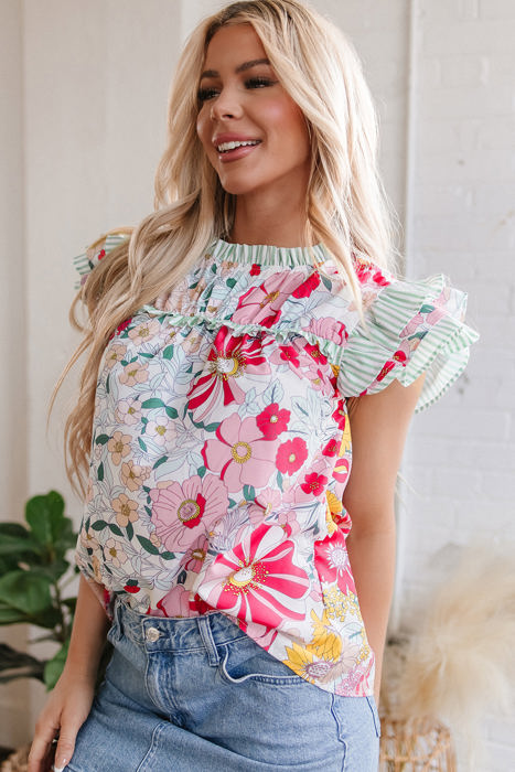 Anne Floral Ruffle Trim Short Sleeve Blouse