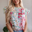 Pink XL Anne Floral Ruffle Trim Short Sleeve Blouse
