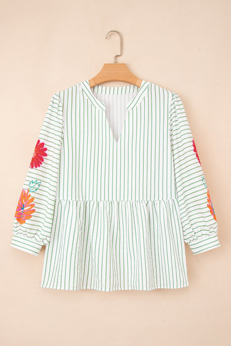 Ashley Stripe Flower Puff Sleeve V Neck Babydoll Blouse