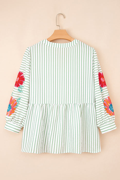 Ashley Stripe Flower Puff Sleeve V Neck Babydoll Blouse