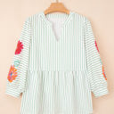 Green Stripe Small Ashley Stripe Flower Puff Sleeve V Neck Babydoll Blouse