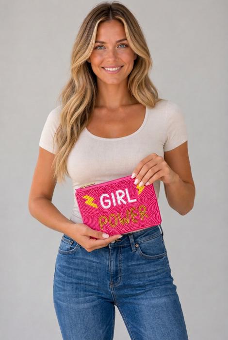 Avery Girl Power Slogan Beaded Coin Pouch