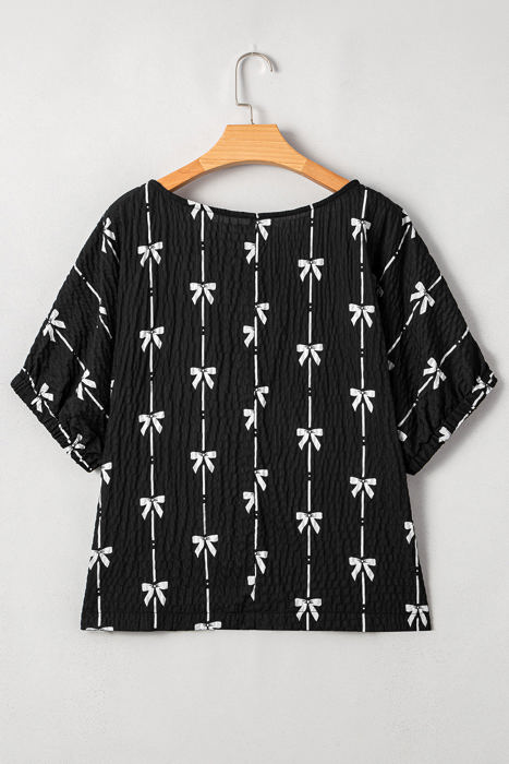 Aviana Bow Print Puff Short Sleeve Top