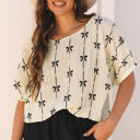 Beige Large Aviana Bow Print Puff Short Sleeve Top