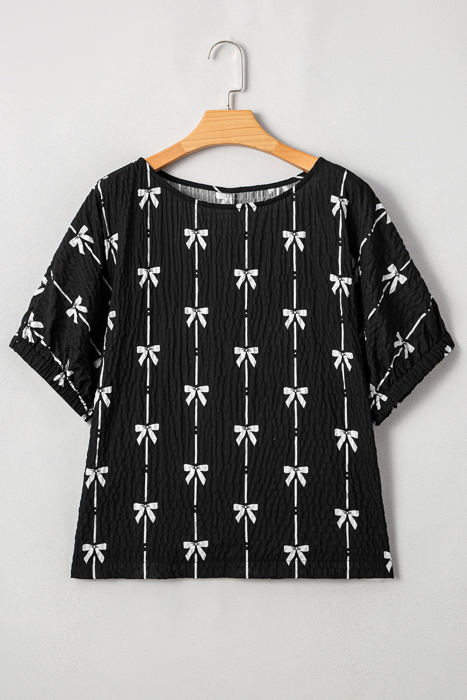 Aviana Bow Print Puff Short Sleeve Top
