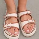  Beige Linen Dual Buckle Strap Thick Sole Slippers