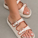  Beige Linen Dual Buckle Strap Thick Sole Slippers