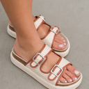  Beige Linen Dual Buckle Strap Thick Sole Slippers