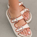  Beige Linen Dual Buckle Strap Thick Sole Slippers