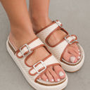  Beige Linen Dual Buckle Strap Thick Sole Slippers