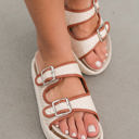  Beige Linen Dual Buckle Strap Thick Sole Slippers