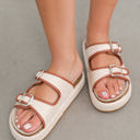  Beige Linen Dual Buckle Strap Thick Sole Slippers