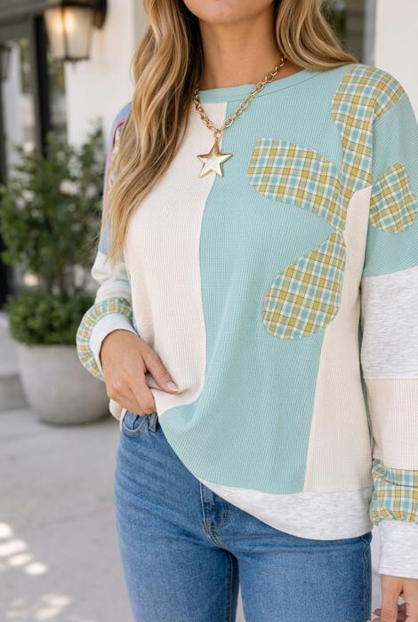 Belinda Light Plaid Patchwork Long Sleeve Top
