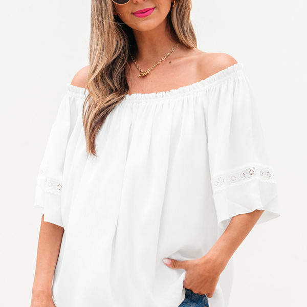 Bellamy Frilly Off Shoulder Lace Insert Sleeve Textured Blouse ...