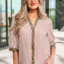 Pink Stripe Large Bianca Down Half Sleeve Shirt