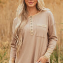 Dark Khaki Medium Blake Waffle Textured Tunic Henley Top with Slits