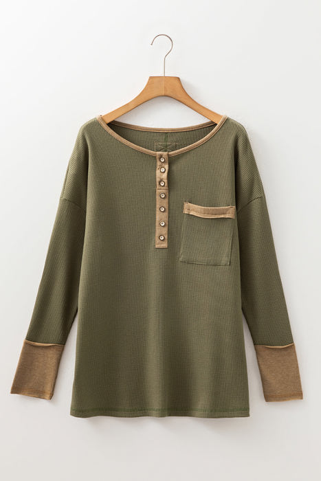Blake Waffle Textured Tunic Henley Top with Slits