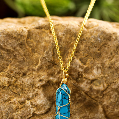 Blue Gold Wire Wrapped Turquoise Pendant Necklace