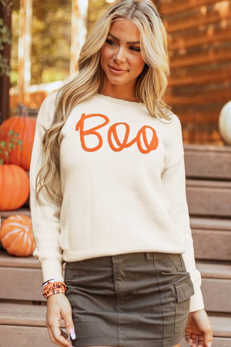 Boo Knitted Pattern Ribbed Edge Sweater