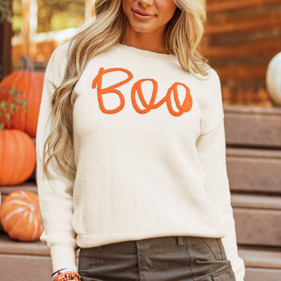 Boo Knitted Pattern Ribbed Edge Sweater