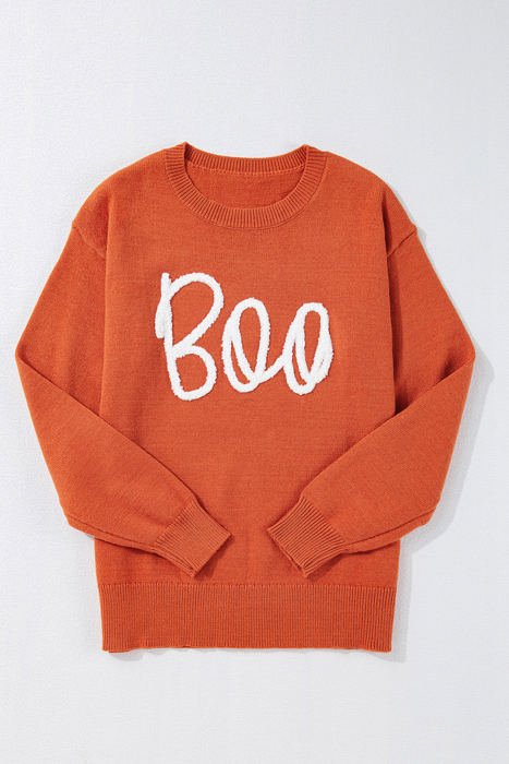 Boo Knitted Pattern Ribbed Edge Sweater