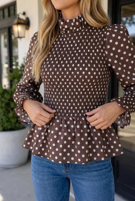 Briana Shirred Ruffle Hem Blouse