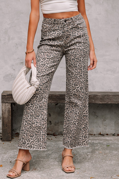 Brianna Leopard Frayed Edge Wide Leg High Waist Jeans