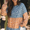 Orange Large Cecilia Floral Ruffled Hem Round Neck Blouse