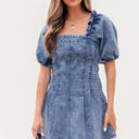 Blue Large Celia Square Neck Bustier Puff Sleeve Short Denim Dress