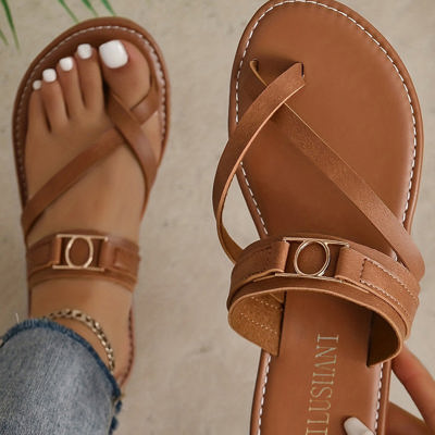 Chestnut Cross Toe Metal Buckle Leathered Flat Slippers