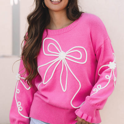 Corded Flower Bow Ribbed Trim Casual Sweater