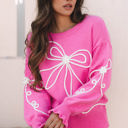  Corded Flower Bow Ribbed Trim Casual Sweater
